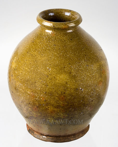 Redware Ovoid Jar, Olive Green, Orange Halos
Possibly Gonic, New Hampshire
Early to Mid 19th Century, entire view